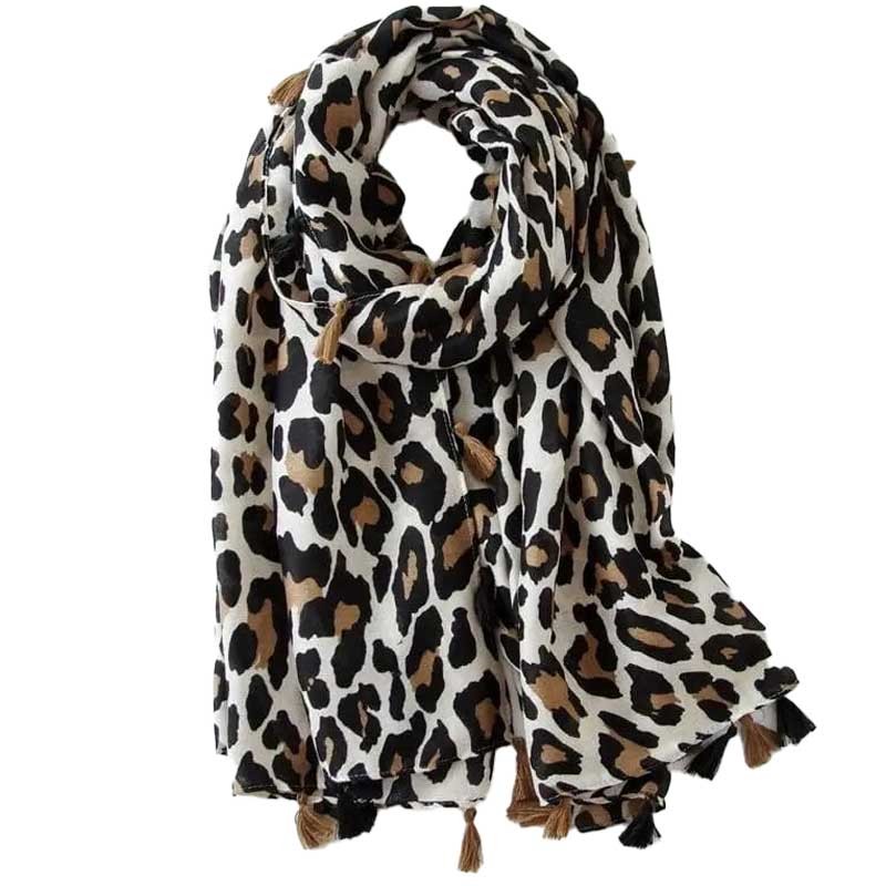 Écharpe Femme Motifs Léopard Noir et Beige avec Pompons