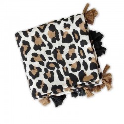 Écharpe Imprimée Léopard à Pompons - Noir et Beige