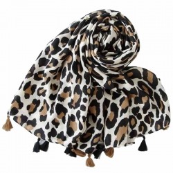 Écharpe à Pompons Léopard Beige et Noir